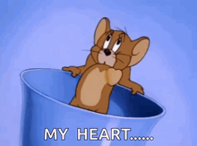 a cartoon mouse is sitting in a blue cup with the words `` my heart '' written on it .