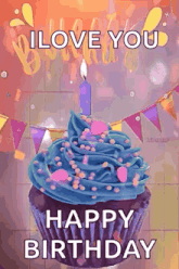 a cupcake with blue frosting and a candle on it says i love you happy birthday