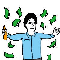 a cartoon of a man holding a bottle of beer with money flying around him