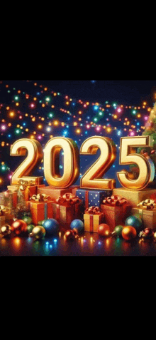 the numbers 2025 are surrounded by gifts and christmas decorations