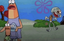 a cartoon of spongebob and patrick holding a fish