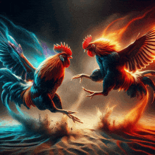 a painting of two roosters fighting with fire coming out of their wings