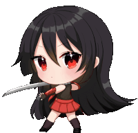 a girl with long black hair and red eyes holds a sword