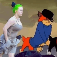 a woman with green hair is standing next to a cartoon cat and a dog .