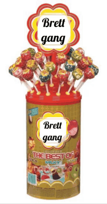 brett gang lollipops are displayed in a red and yellow container