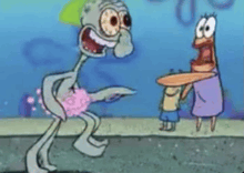a cartoon of squidward from spongebob squarepants standing next to a woman