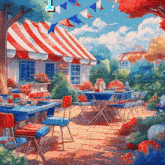 a painting of a patio with tables and chairs and a sign that says jl on it