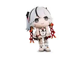 a stuffed doll of a girl with white hair and red ribbons around her neck
