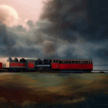 a painting of a train with a red car that says ' a ' on the side