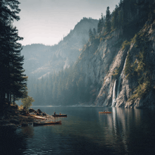 a lake with a waterfall in the background and boats in the water