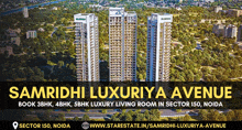 an advertisement for samridhi luxuriya avenue shows a luxury living room in sector 150 noida