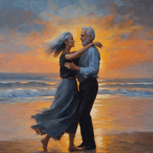 a painting of a man and woman dancing on a beach