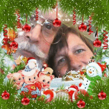 a man and woman are posing for a picture in a christmas frame with pigs and a snowman .