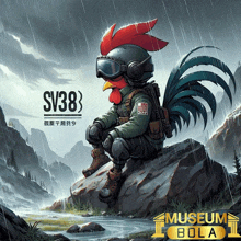 a rooster wearing a helmet and goggles sits on a rock in the rain with the words museum bola below him