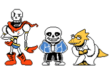 a pixel art of papyrus , sans , and alphys standing next to each other .