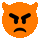 a close up of an orange devil emoji with a sad face on a white background .