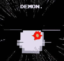 a video game screen shows a red explosion and the word demon