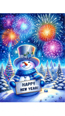 a snowman holding a sign that says happy new year in front of fireworks