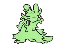 a cartoon drawing of a green monster with a flower in its mouth on a white background .