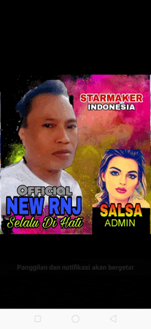 a man and a woman are on a poster that says " official new rnj selalu di hati "