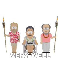 three cartoon characters standing next to each other with the words " very well " in the middle