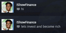 a screenshot of a conversation between ishowfinance and letsinvest and become rich