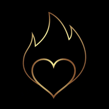 a gold flame with a heart in the middle