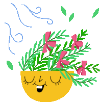 a cartoon illustration of a yellow cup with flowers and leaves coming out of it