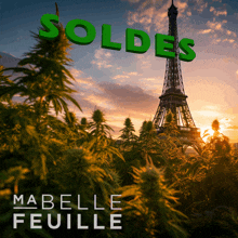 the eiffel tower is behind a field of marijuana plants with the words soldes above it