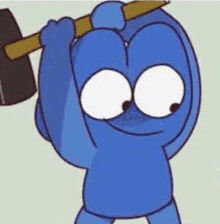 a blue cartoon character is holding a large axe over his head .