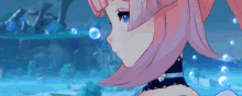 a close up of a pink haired anime girl with blue eyes