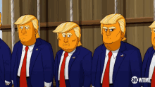 a cartoon of donald trump standing in a line with showtime written on the bottom