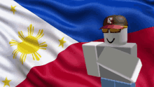 a roblox character wearing a hat with the letter r on it stands in front of a filipino flag