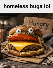a hamburger with googly eyes and a cardboard sign that says homeless buga lol