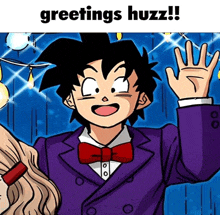 a cartoon of a man in a suit and bow tie with the words greetings huzz below him