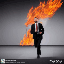 a man in a suit and tie is running away from a fire that is coming out of his head