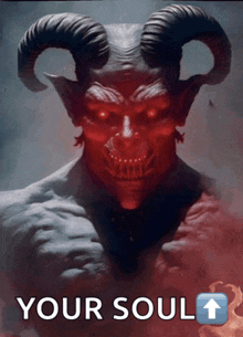 a picture of a devil with horns and the words " your soul "