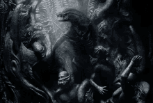 a black and white painting of a group of aliens