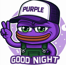 a purple frog wearing a hat that says purple and good night