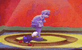 a cartoon character is standing in front of a statue of a duck