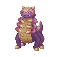 a purple and gold monster with sharp claws on its back