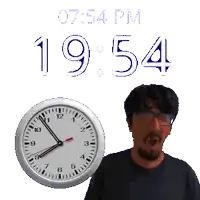 a man stands in front of a clock that says 1954 on it
