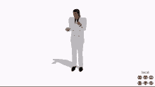 a man in a white suit is standing in front of a white background with the word local written on it