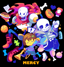 a cartoon drawing of sans papyrus and frisk with the word mercy in the middle