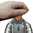 a pixel art of a man in a space suit being slapped on the head by a hand .