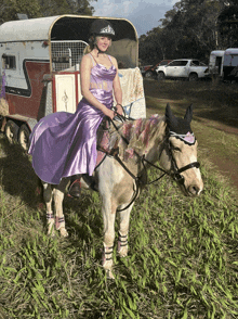 a girl in a purple dress is riding on the back of a horse