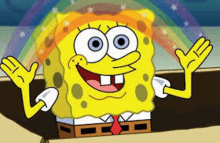 a cartoon character , spongebob squarepants , is waving his hands in front of a rainbow .