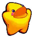 a yellow rubber duck with a pink beak and blue eyes is standing on a white background .