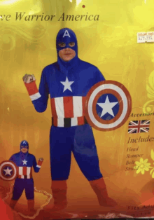 a package of a captain america costume includes a head romper belt shield and accessories