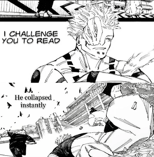 a black and white drawing of a man with the words i challenge you to read he collapsed instantly